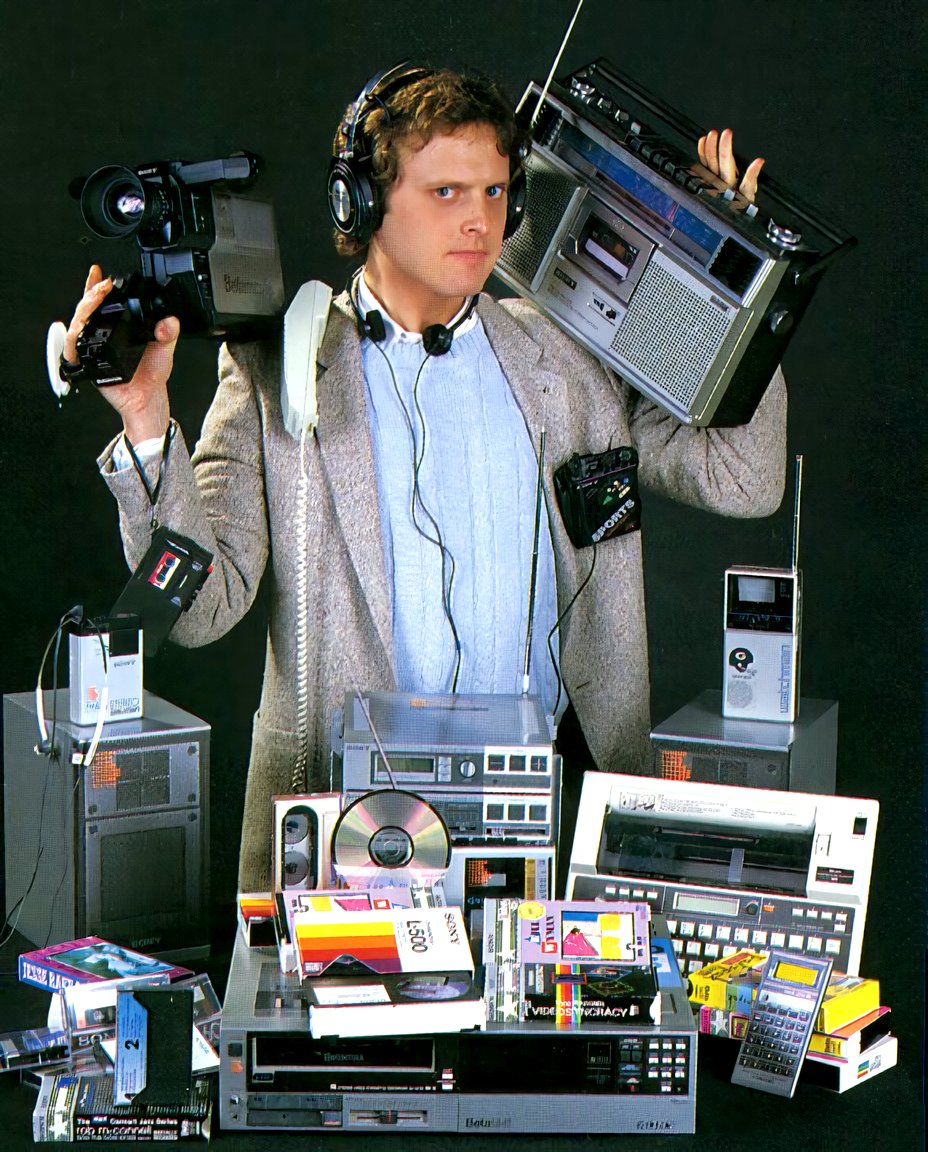 1981 CFS-63S boombox, 1983 Betamovie BMC-100 camera, 1983 DF-20A Watchman, 1983 WM-F5 Sports Walkman, 1983 WM-20 Walkman, 1984 SRF-A1 Walkman, 1984 WM-77 Walkman, 1984 FH-7 audio system, 1981 CHF-60 audio cassette, 1984 Sony SL-2710 Betamax player, L-500 Dynamicron video tape.