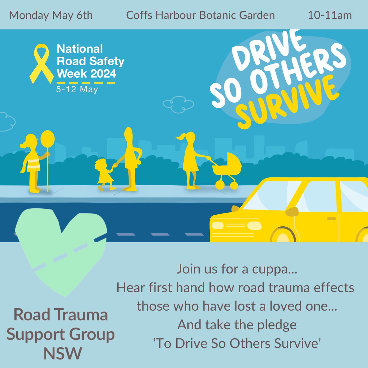This National Road Safety Week join us for our 1st regional visit! Meet us at North Coast Regional Botanic Garden - May 6th -  10-11am. Enjoy morning tea, hear our member Katie's story and take the road safety pledge. RSVP now: rb.gy/h4vvkm
#NRSW #RTSG #RoadSafety