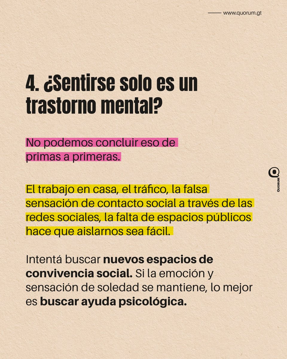 3. ¿Tengo que medicarme toda la vida si me diagnostican algún trastorno mental? 4. ¿Sentirse solx es un trastorno mental?