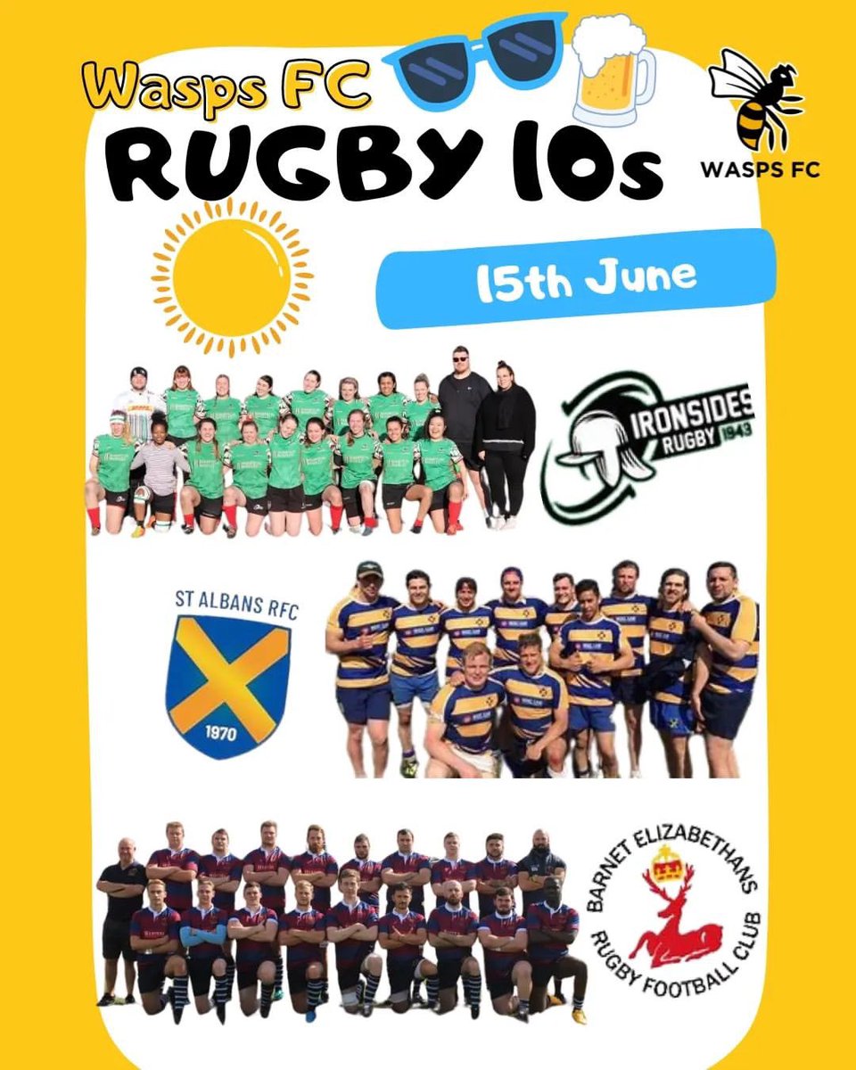 𝗪𝗔𝗦𝗣𝗦 𝗙𝗖 𝟭𝟬𝘀 Another set of confirmed entries for our Summer 10s Social Rugby Festival: U23s - St Albans Women's social - Ironsides Men's social - Barnet Elizabethans RFC Spaces are filling up! Sign up via the link in our bio #WaspsFC #Rugby #London #OnceAWasp 🐝