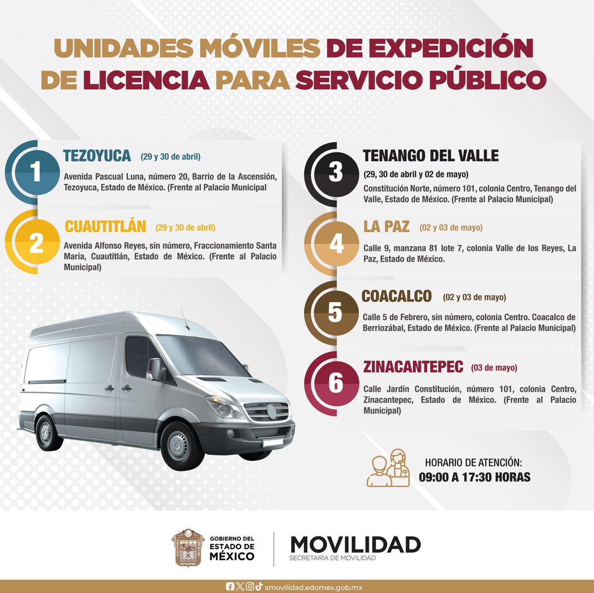 MovilidadParaTodos || Ya puedes tramitar en las Unidades Móviles tu licencia de conducir para servicio público. Te compartimos donde se ubicarán. 
🔎 Consulta requisitos y costos en el siguiente link: 
💻 smovilidad.edomex.gob.mx/licencias_perm…
@SEMOV_Edomex