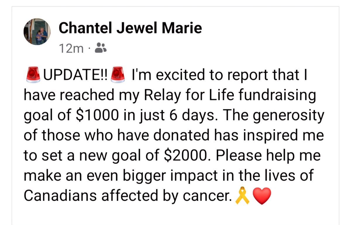 Please help Chantel achieve her new #RelayForLife goal by donating to her page.

 ❤🎗 bndfr.com/36Qrr