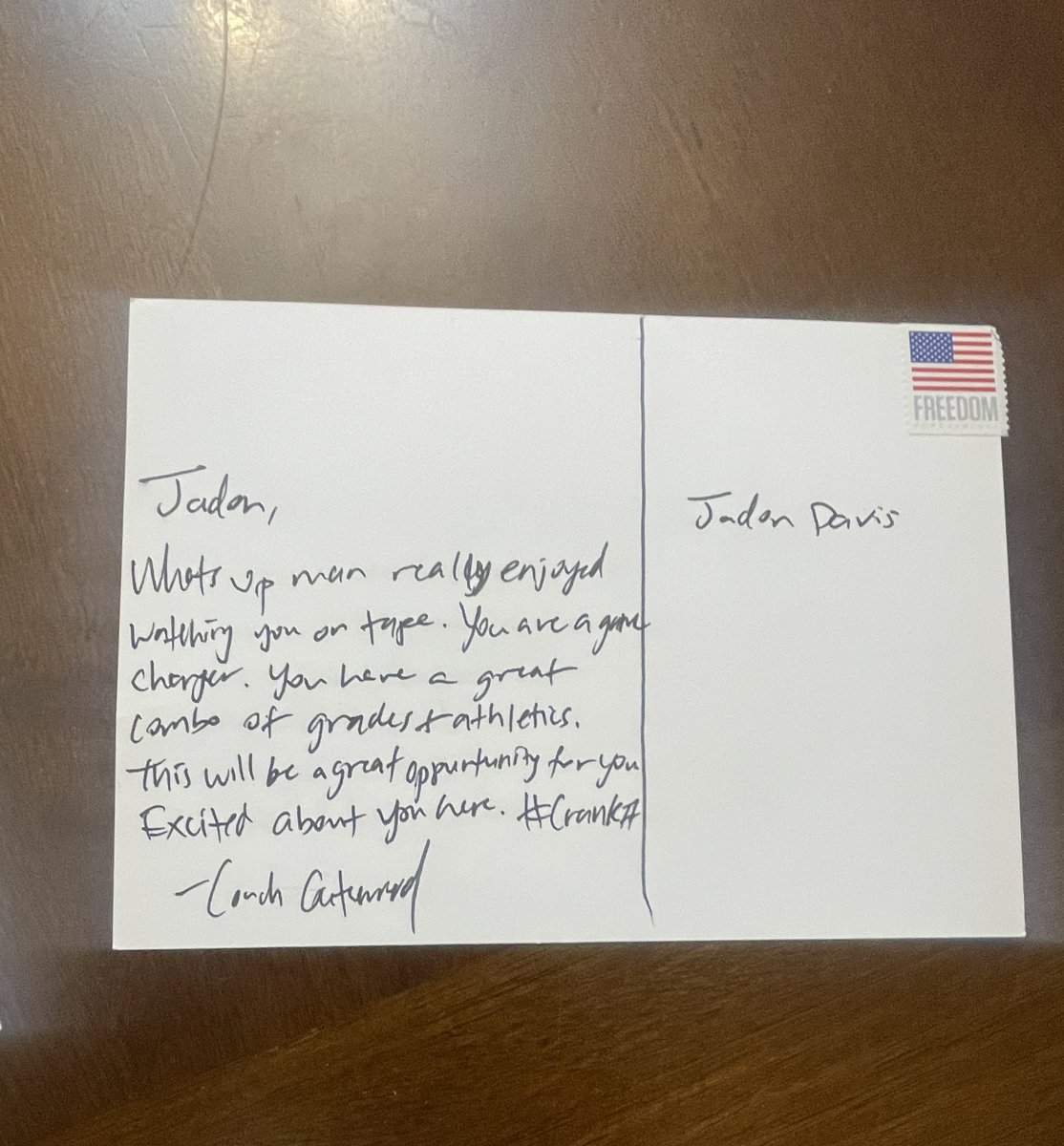 Jadon Davis (@davisjadon_) on Twitter photo Thank you to coach <a href="/CoachKenMaxwell/">Coach Maxwell</a> and <a href="/AmherstCollFB/">Amherst College Football</a> staff for the handwritten notes! I really enjoyed getting to know you all and learning more about <a href="/AmherstCollege/">Amherst College</a>
#CRANKIT Thank you to coach <a href="/CoachKenMaxwell/">Coach Maxwell</a> and <a href="/AmherstCollFB/">Amherst College Football</a> staff for the handwritten notes! I really enjoyed getting to know you all and learning more about <a href="/AmherstCollege/">Amherst College</a>
#CRANKIT