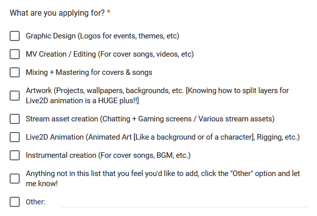 📢🗣️HELLO! Posting something pretty big! 📢🗣️ I'm currently on the lookout for people to recruit to make a✨'Creation Team'✨! Check this form if you're interested! (Looking for lots of different skillsets!) forms.gle/moz66zz2PbBe3B… Picture is a list of things I'm looking for!