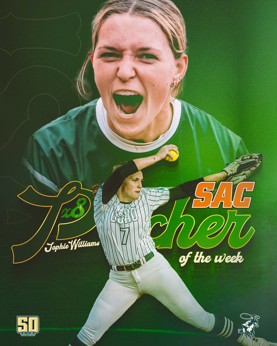 After setting a NAIA record with her 4th perfect game of the season, Sophie Williams has been selected as the 𝗦𝗔𝗖 𝗣𝗶𝘁𝗰𝗵𝗲𝗿 𝗼𝗳 𝘁𝗵𝗲 𝗪𝗲𝗲𝗸 for the 8th time this season!🏆 -SZN STATS- 22-4 record | 0.85 ERA | 223 K | 148.2 IP #DroverDUB x #DroverNation🐎