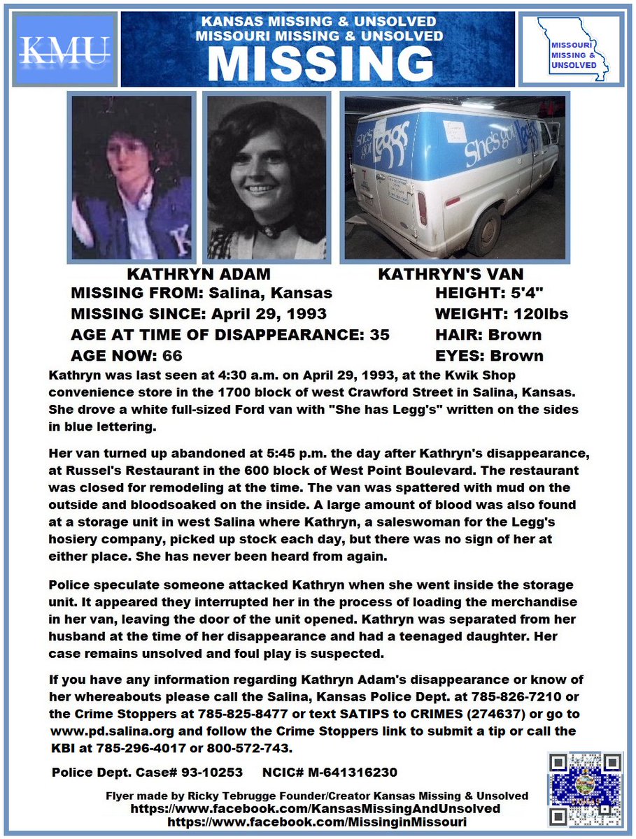 #UPDATE!!! #MISSINGPERSON STILL #MISSING!!! PLEASE CONTINUE TO SHARE/PRINT/POST KATHRYN ADAM'S FLYER!!! 
SHE HAS BEEN MISSING FROM SALINA, KS SINCE APRIL 29, 1993!!! 
31 YEARS IS TOO LONG!!! LET'S HELP BRING HER HOME!!!
***UPDATED AGE NOW!!!*** 
@AnnetteLawless #KansasMissing