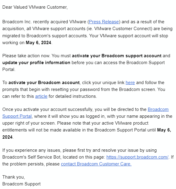 「VMwareサポートアカウントをBroadcomへ移管作業しないと5/6でアカウント停止な」
と言う通知が来た。
個人持ち分はいい(やる)として、企業は大丈夫かね…。
日本企業は5/6までGWで連休の所もあるんだよ。