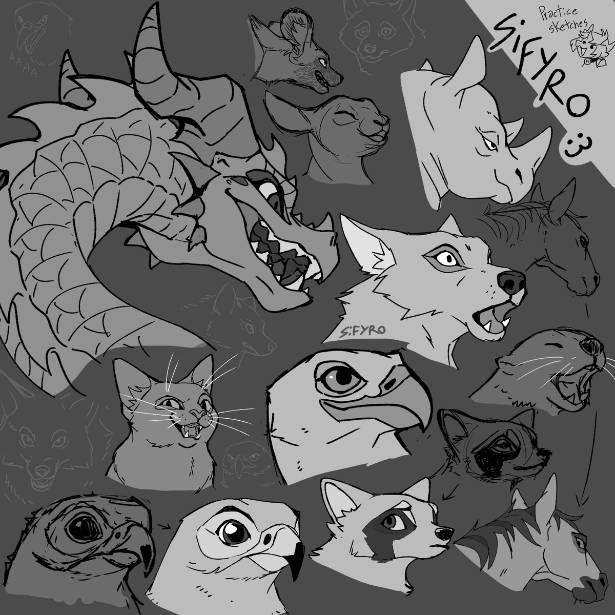 practice doodles, different animal heads and making them a bit more expressive