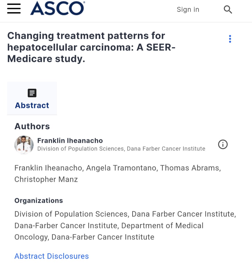 Happy to announce I'll be presenting our work on the changing treatment patterns for #HepatocellularCarcinoma at the upcoming @ASCO Medical Student & Resident Abstract Forum. Thank you @DFCIPopSci and @ChrisManzMD for the support on this important topic. #LiverTwitter #GItwitter