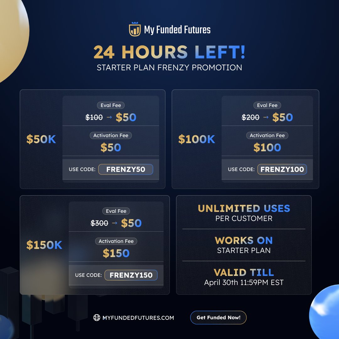 24 HOURS LEFT! @MyFundedFutures Starter plans at just $50 with codes FRENZY50, FRENZY100, FRENZY150. Resets? Just $50! 🚀 Don't miss out on up to 84% off evaluation fees.