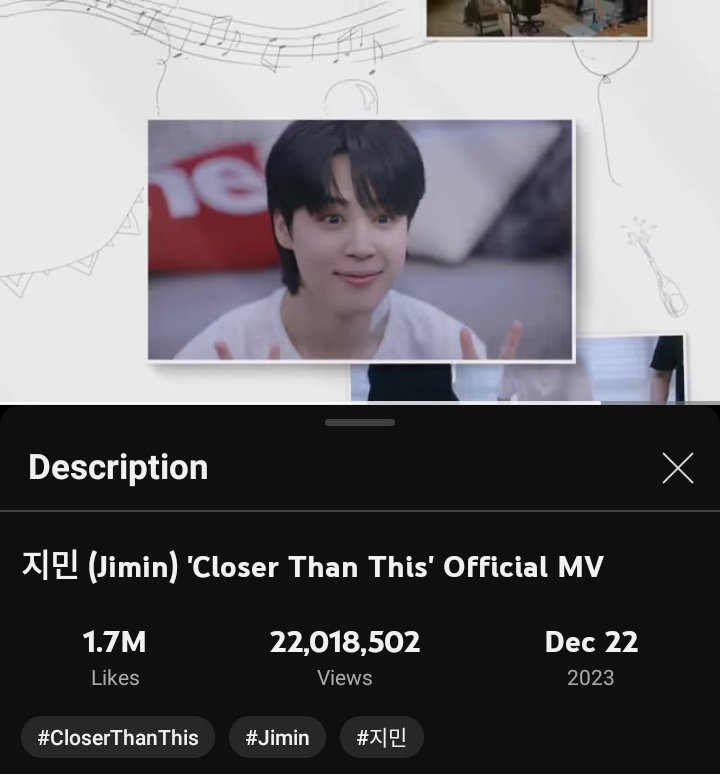 'Closer Than This' by #JIMIN Official MV has surpassed 22 MILLION views on YouTube