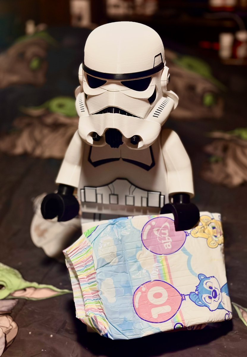 So I decided to make this in time for Star Wars Day. And then it hit me 4 of my most favorite loves in one simple picture. Yes that is a 3D printed super sized Lego mini fig I made, holding a diaper for size comparison @ABUDiapers