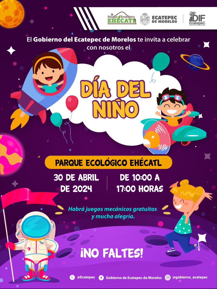 ¡Hoy y siempre, honremos la magia y la vitalidad de la niñez!
Este 30 de abril ven a celebrar este #DíaDelNiño al Parque Ecológico Ehécatl y festeja a todos los pequeñines, habrá juegos mecánicos y un sinfín de actividades.