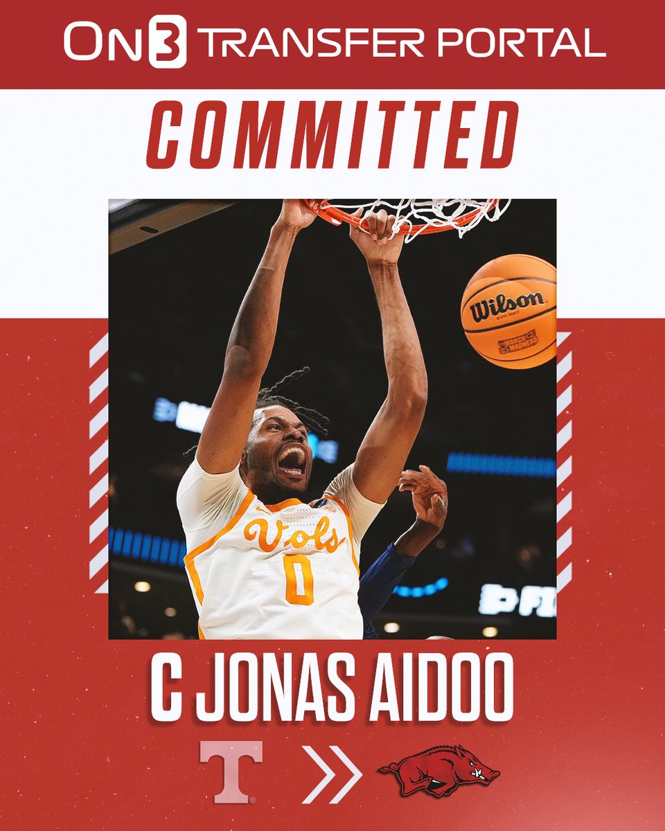 BREAKING: Tennessee transfer center Jonas Aidoo has committed to Arkansas🐗 The All-SEC 2nd Teamer averaged 11.4 points, 7.8 rebounds, and 1.8 blocks per game this season. on3.com/news/tennessee…