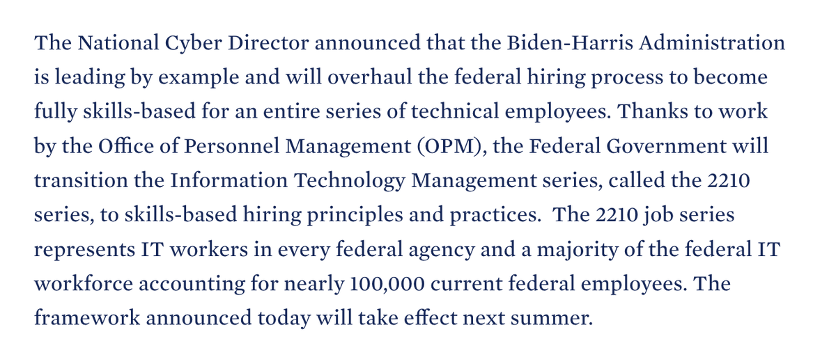 The federal government is removing degree requirements from the entire 2210 series of USG IT jobs (almost 100k positions), @ONCD announced today as part of an event on skills-based hiring for cyber jobs. whitehouse.gov/oncd/briefing-… Multiple companies also made commitments.