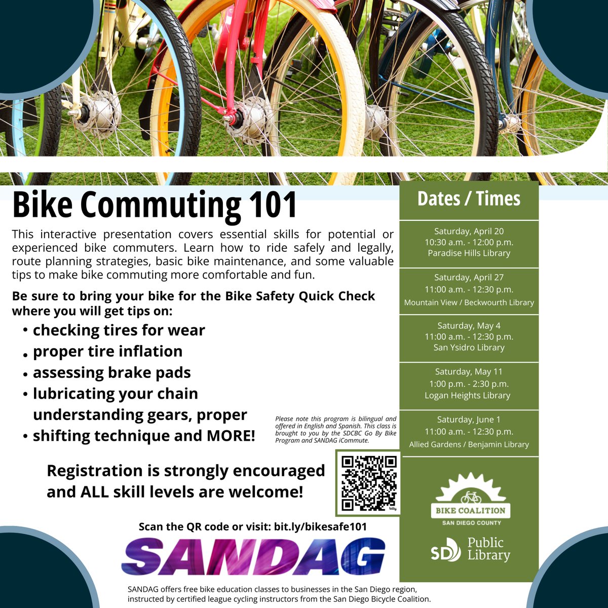 Bike Commuting 101 Join SBCS and SANDAG with this interactive presentation that covers essential skills for potential or experienced bike commuters. Learn how to ride safely to make bike commuting more comfortable and fun.