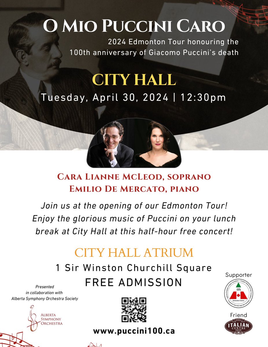 O Mio Puccini Caro 
Tomorrow, Tuesday April 30 at 12:30pm
FREE concert at City Hall 
#yeg #concert #opera #classical #puccini #yegdt #edmontonevents 
#cityhall