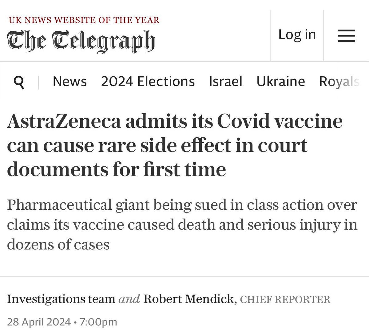 “AstraZeneca has admitted for the first time in court documents that its Covid vaccine can cause a rare side effect, in an apparent about-turn that could pave the way for a multi-million pound legal payout. The pharmaceutical giant is being sued in a class action over claims