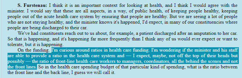 Last week in budget estimates, I asked the Health Minister about the ratio between front line healthcare workers and administrative staff. I’ve heard from constituents and healthcare workers that health administrations continue to grow, but access to care hasn’t improved.