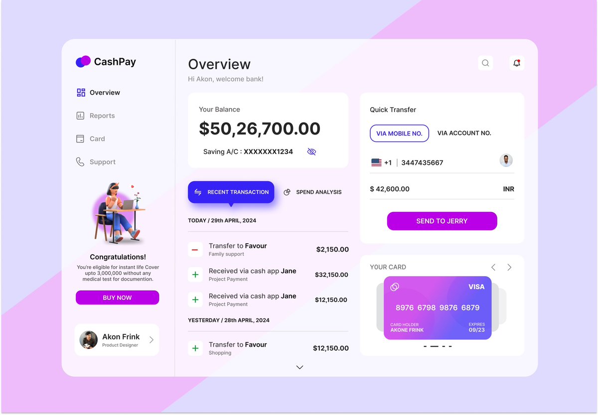Hey everyone 👋  happy to share my  New design.
“Cashpay” is a banking system where you can
manage all your financial activities, like quick
money transfer, manage your credit cards, check & download report of your transactions…#webapplication, #webapps, #webappdesign