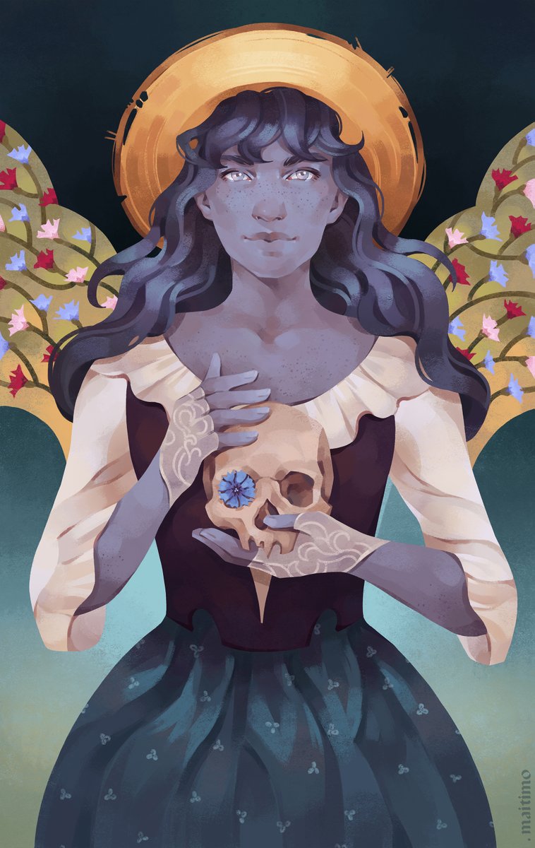 Commission tarot card of Aster - an air genasi necromancer with a cottage core aesthetic 🌷 I really like how this picture turned out! Aesthetics of wildflowers and skulls. I also spent a lot of time depicting the cornflowers. They are so cute :3

#DnD #dungeonsanddragons