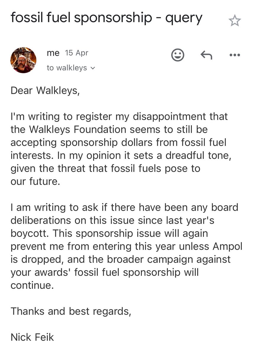 It’s been two weeks and unfortunately there’s been no response to my letter to the ⁦@Walkleys⁩ over their fossil fuel sponsorship. It’s a great shame that if you want to participate in the nation’s main media awards you need to participate in greenwashing. I won’t.