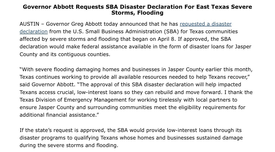 Requested a disaster declaration from @SBAgov to help communities in East Texas continue to recover from recent severe storms and flooding. This assistance would help impacted Texas access critical, low-interest loans to rebuild and move forward.