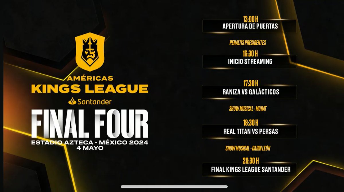 HORARIOS 

👉Estos son los horarios para la final four de la Kings League Americas. 

#KingsLeagueAmericas