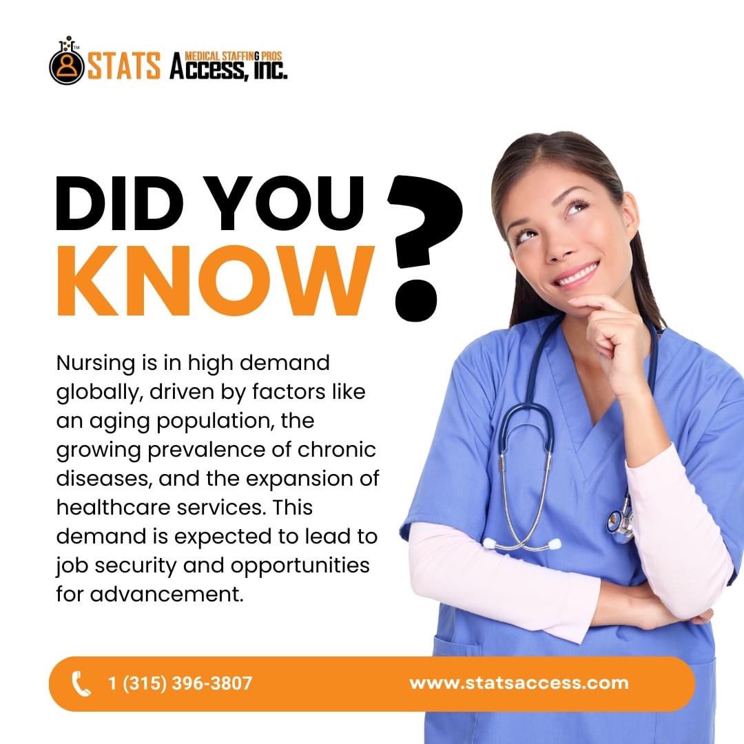 Ready to step into a role that values your contribution? Visit us at statsaccess.com

📞 Contact us at: 1 (315) 396-3807 for more information.

#NursingCareers #HealthcareHeroes #StatsAccess #NursingDemand #DidYouKnow #NurseLife #MedicalProfessionals #JoinUs
