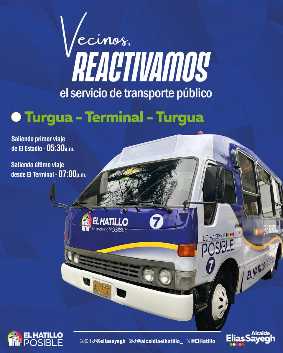 ¡Atención Vecinos! 🚌💨 Reactivamos el servicio de transporte público con salidas desde #ElHatillo a #Turgua a las 05:30 a.m como primer viaje y último hasta las 7:00 p.m. #SeguimosTrabajando