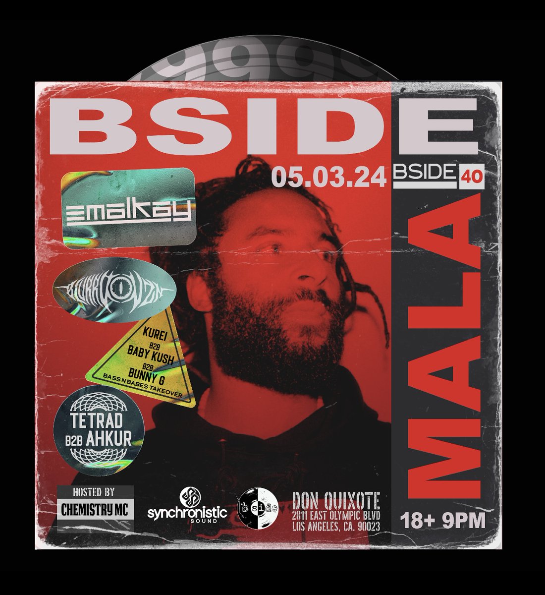 This Friday 🔥 B-side is celebrating 9 years of Pushing Vibes Forward. With support by mala, emalkay, blurrd vzn, & more! Don't miss this epic night of bass. Get tickets: ow.ly/SBOw50Rro8O Friday, May 3rd Doors: 9pm // 18+ #donquixotela #bsidela #malauk #maladmz