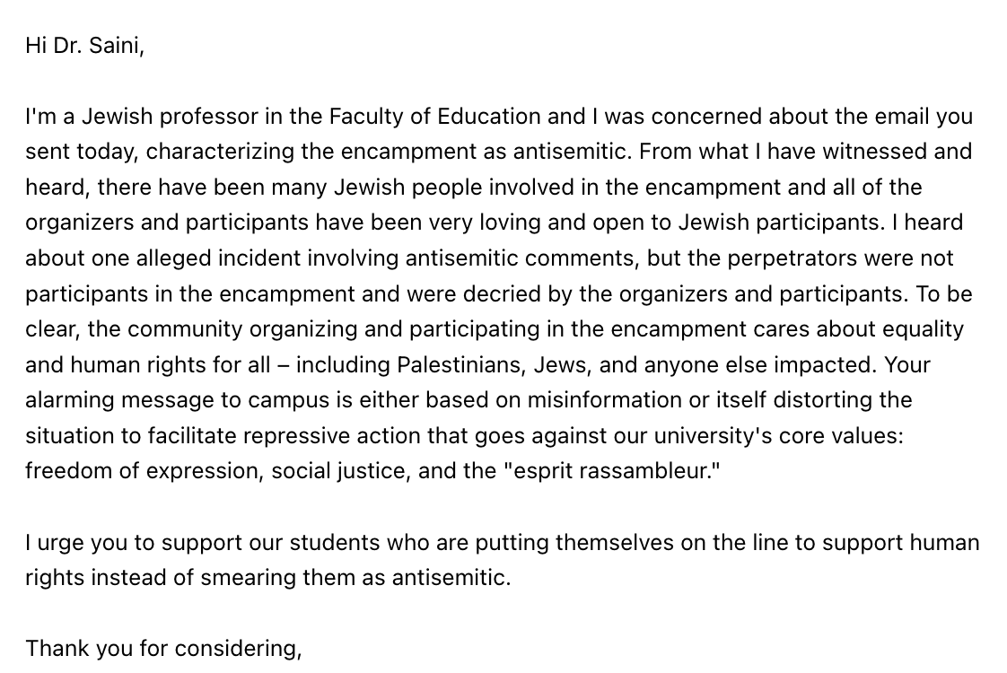 A colleague responds to the university president's email: