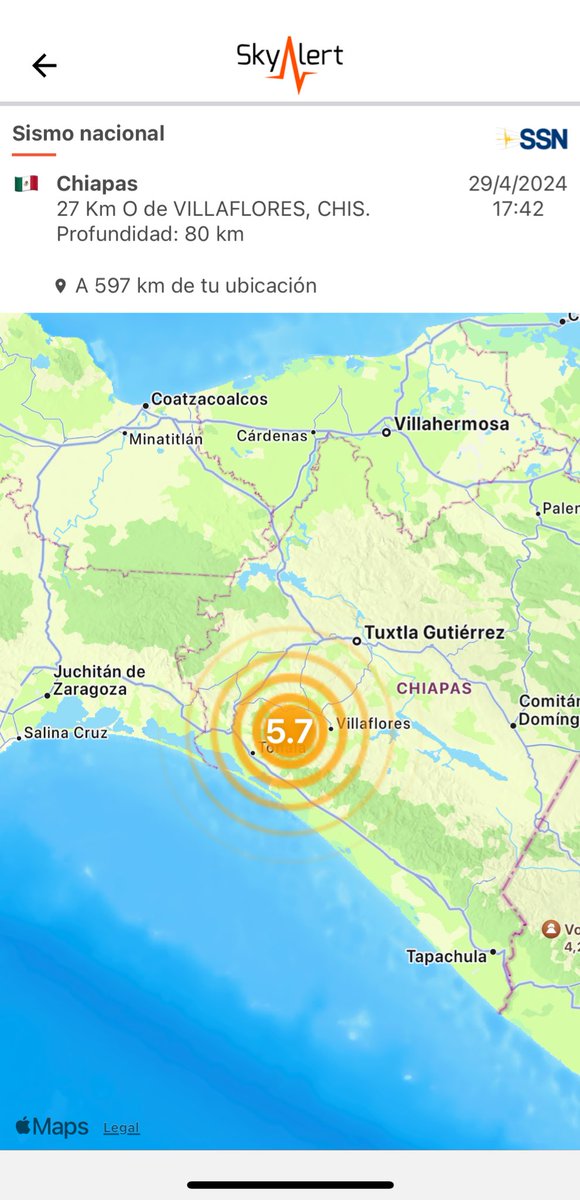 Preliminar 5.7 al norte de #Tonalá, Chiapas. Foco a 80 km de profundidad.