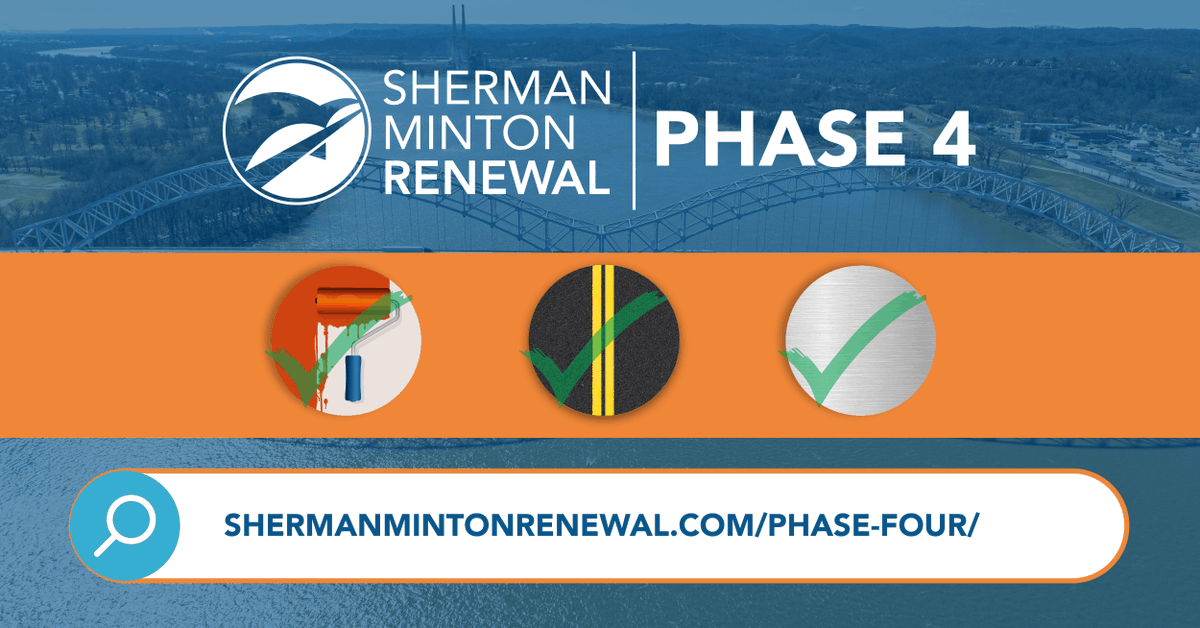 Do you know what is happening during Phase 4 of the Sherman Minton Renewal? Phase 4 includes: 🖌️ Painting 🛣️ Deck replacement on the upper deck 🔨 Necessary steel repairs Learn more at shermanmintonrenewal.com/phase-four/.