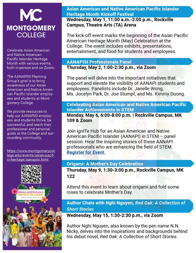 How does @montgomerycoll celebrate Asian American Native American Pacific Islander Heritage Month? Check out this fun and educational lineup of events and activities that begin on May 1. Join us!