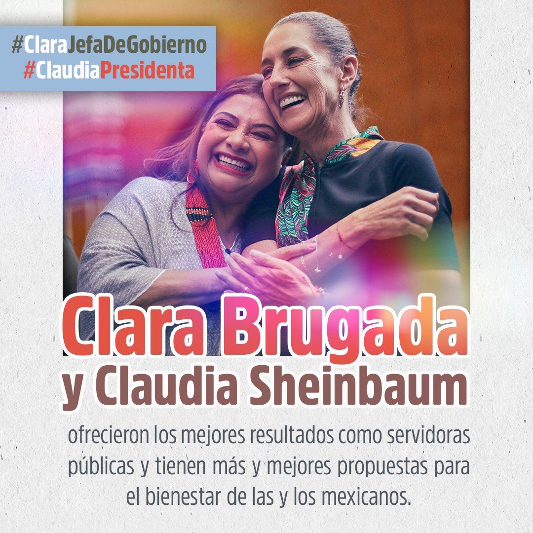 ¡Las mejores para el país y la #CDMX! En la #4T tenemos excelentes candidatas con @Claudiashein y @ClaraBrugadaM para la construcción del segundo piso de la #transformación con las mejores propuestas y los mejores resultados. #ClaudiaPresidenta #ClaraJefaDeGobierno