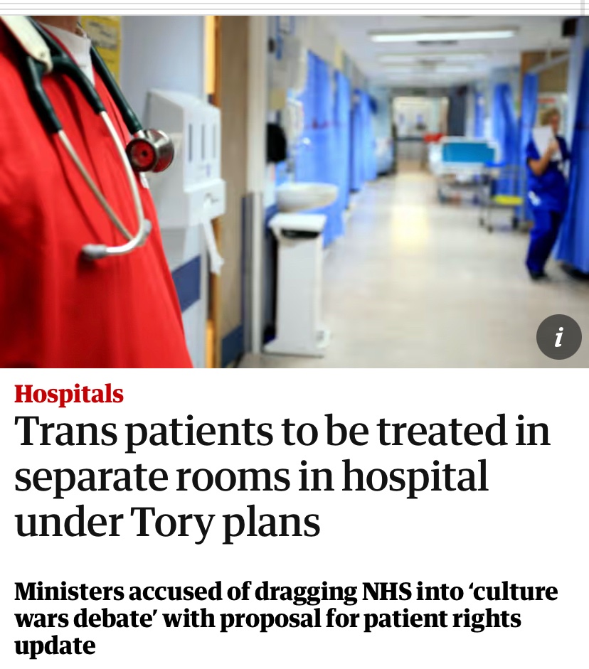 Fucking ridiculous. Under the Tories, 44,000 women have been placed in male wards or vice versa. Are we really to believe that the same incompetents will create male and female wards for the Trans community? Or are they proposing a Trans-only ward with no gender separation?