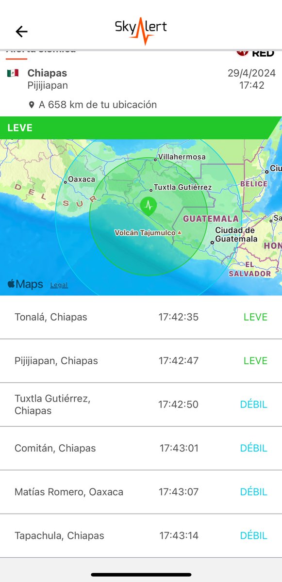 Mapa de intensidades de @REDSkyAlert , único sistema de alerta temprana con cobertura en Chiapas. 🟢«Leve» en Tonalá y Pijijiapan (foco profundo). 🔵«Débil» en Comitán, Tapachula, Tuxtla y Matías Romero. #LaAlertaConfiable