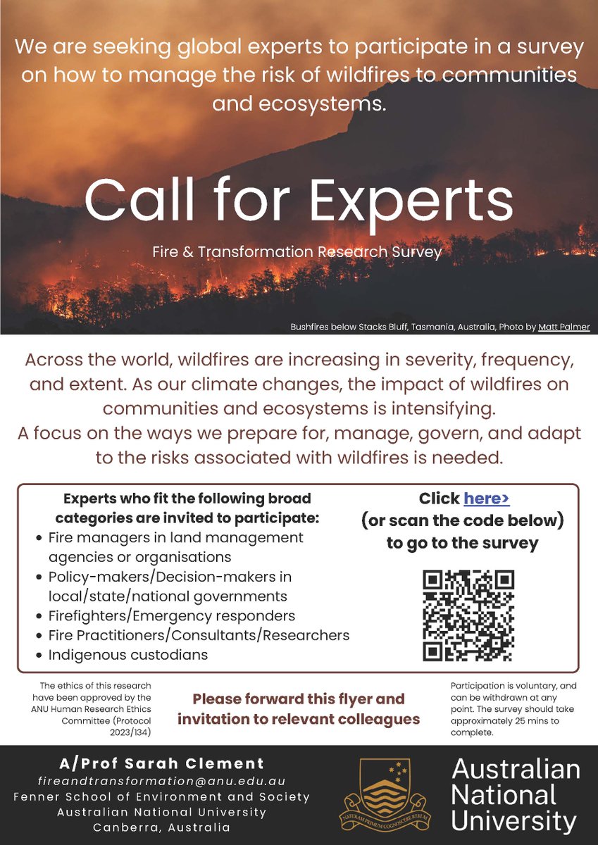 Do you work on #wildfires? We're conducting a global survey on how experts think management should change to better achieve social & environmental outcomes & adapt to #climatechange for my #DECRA. Pls share esp w/ practitioners, as they are harder to reach than published authors!