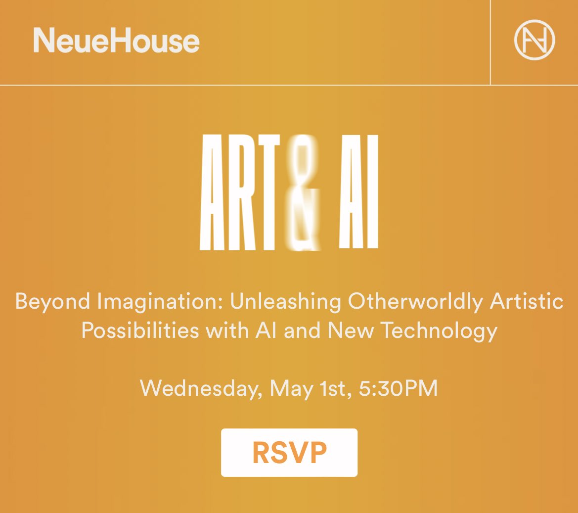 hey NYC 👋 it’s <a href="/friezeofficial/">Frieze</a> week and i’ll be at <a href="/NeueHouse/">NeueHouse</a> Madison Square this Wednesday eve for <a href="/artnet/">Artnet</a>’s AI panel with <a href="/BottoDAO/">BottoDAO</a> <a href="/dave_krugman/">Dave 🏁 🏁 🏁</a> moderated by #danivandesande. link to rsvp below — see you then and there! thx <a href="/curatingthings/">Jiayin 耳東佳音</a> for the invite.