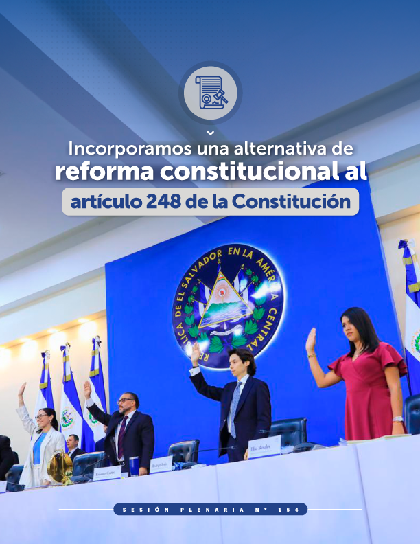 AsambleaSV's tweet photo. Reformamos el artículo 248 de la Constitución de la República de El Salvador, con el fin de legitimizar los consensos de las mayorías en el pleno:

✅ Agregamos la posibilidad de que una misma legislatura pueda aprobar y ratificar una reforma constitucional, con tres cuartas partes de los votos
✅ Sin modificar las cláusulas pétreas
✅ Manteniendo el mecanismo de reforma en dos legislaturas, con mayoría simple y calificada