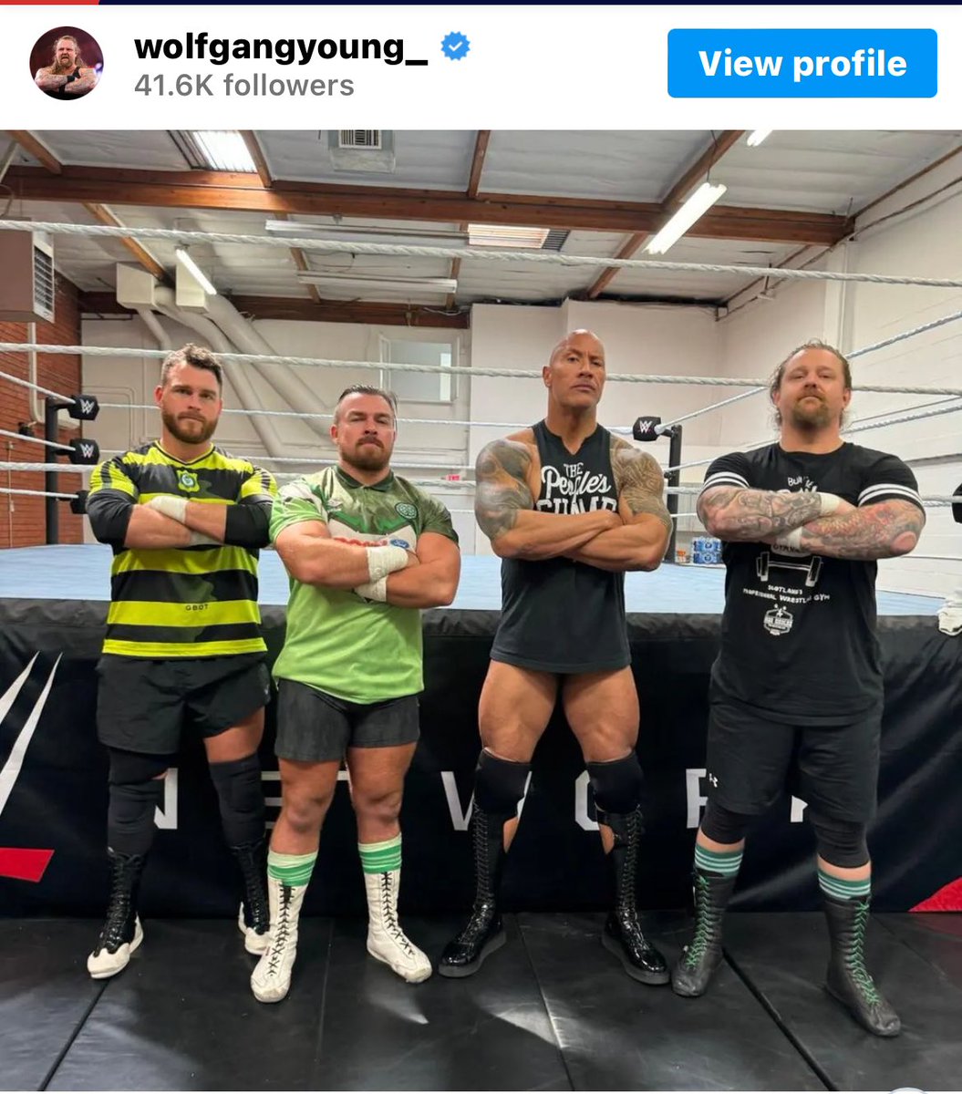@WWENXT #Wrestler #Wolfgang posted to his #Instagram a photo of him and his #Gallus crew posing with @TheRock aka #TheFinalBoss as he prepared training for #WrestleManiaXL