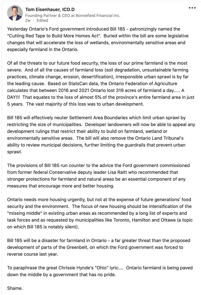 To paraphrase the great Chrissie Hynde's 'Ohio' lyric...

Ontario farmland is being paved down the middle by a government that has no pride.

#Bill185 
#StopSprawl