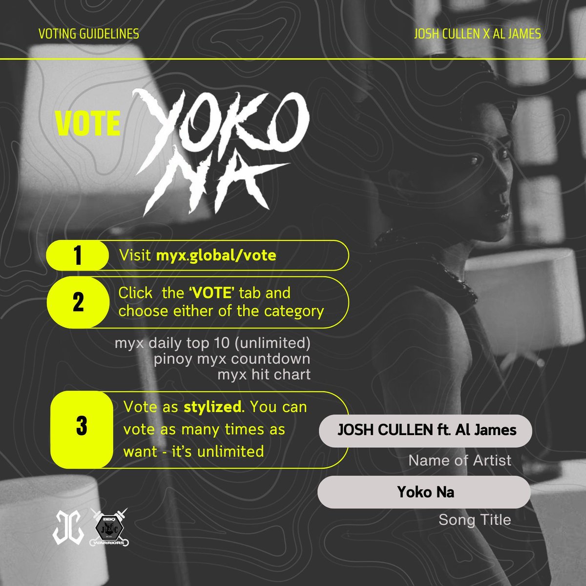 Cast your vote for #YOKONA by #JOSHCULLENxALJAMES on MYX! See links below:

DAILY TOP 10
buff.ly/3U5KpBc

HIT CHART
buff.ly/3TH4dL1

PINOY COUNTDOWN
buff.ly/3U9hLzm

Name of Artist: JOSH CULLEN ft. Al James
Title of Song: Yoko Na
(Vote as stylized)