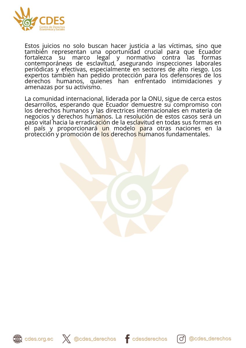 Expertos de la #ONU instan a resolver con urgencia los juicios contra Furukawa Plantaciones C.A. en Ecuador, resaltando la importancia de ofrecer remedios legales a las víctimas de esclavitud moderna en plantaciones de abacá. Más de 330 trabajadores fueron sometidos a trabajos