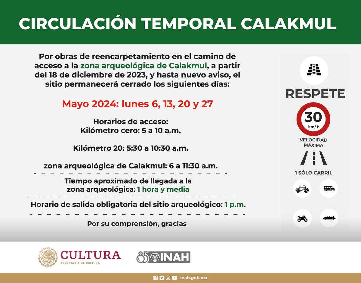 🔴Toma Nota ‼️

Si planeas visitar la zona arqueológica de Calakmul considera los siguientes horarios temporales 📢

#CentroINAHCampeche #ZonaArqueológica #Calakmul
