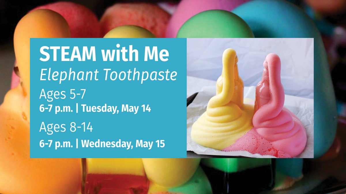 Create a giant foaming reaction and wow friends at #STEAMWithMe! 🐘 With just a few simple ingredients, make something that looks like toothpaste being squeezed from a tube—but so big, it must be for elephants! Register at the DGLC today! #ScienceExperiment #ElephantToothpaste