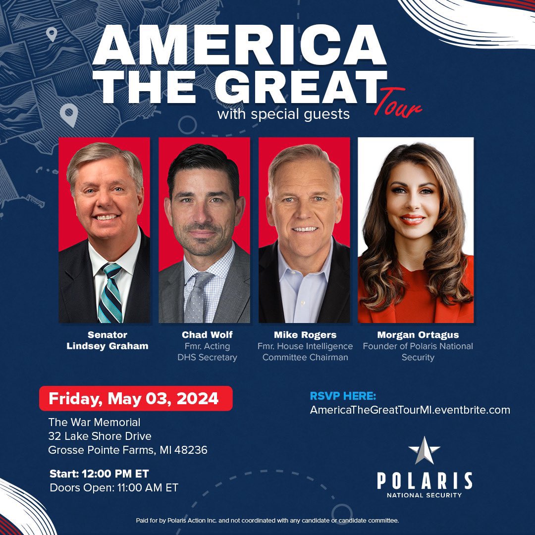 🚨Don't miss out on our #Michigan stop for the 'AMERICA THE GREAT' tour this Friday! We have some incredible, special guests lined up, including: 🇺🇸 @LindseyGrahamSC 🇺🇸 @ChadFWolf 🇺🇸 @MikeRogersForMI See y’all there!