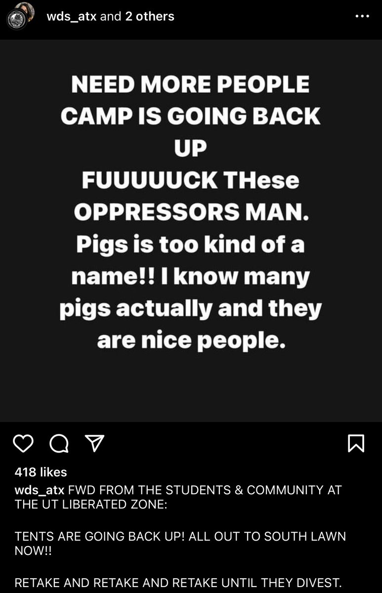 This was just posted to Instagram by the group behind UT’s protest. Apparently putting the encampment back up now that most police have left