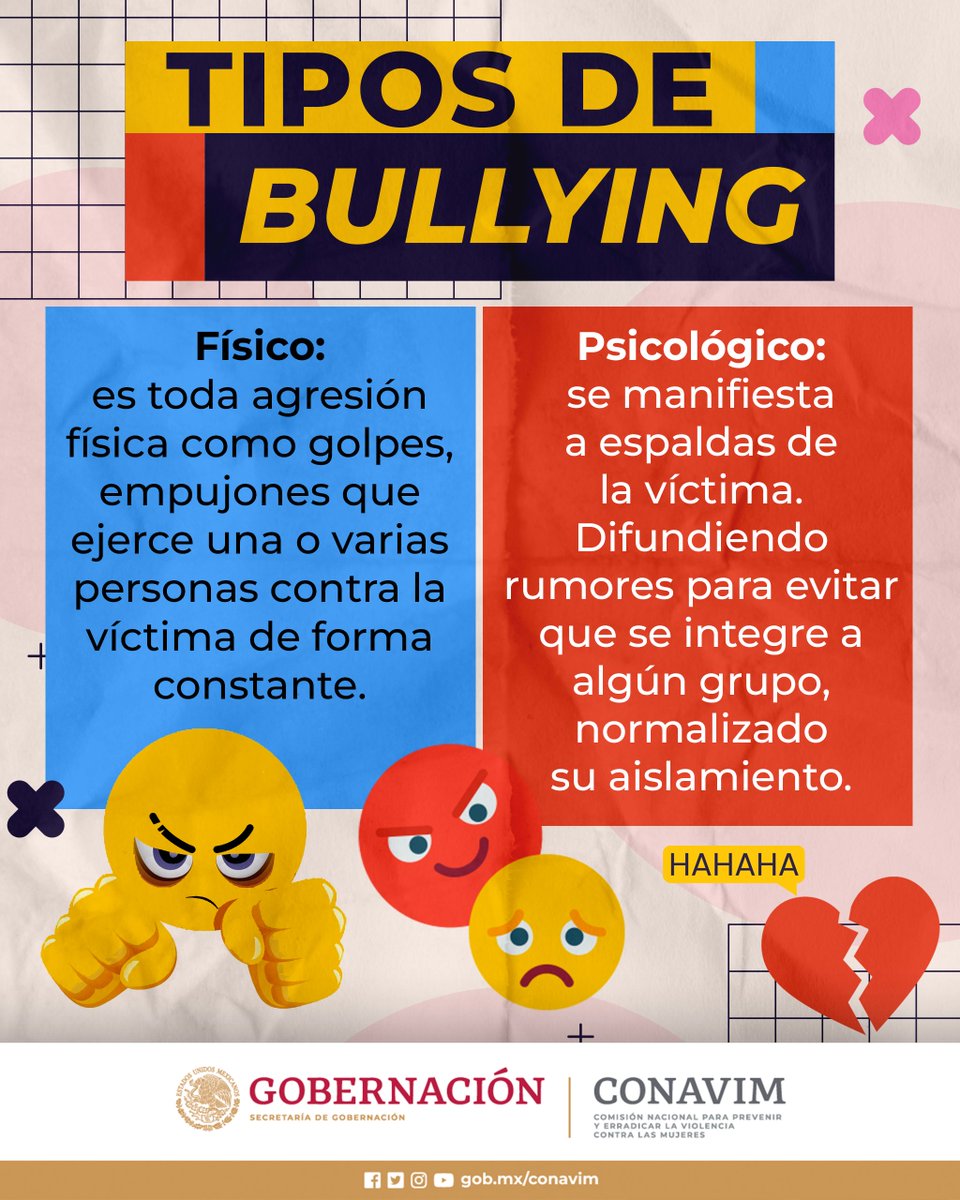 Existen distintos tipos de #Bullying, formas que utiliza el acosador para intimidar a su víctima, a continuación describimos las más comunes.
